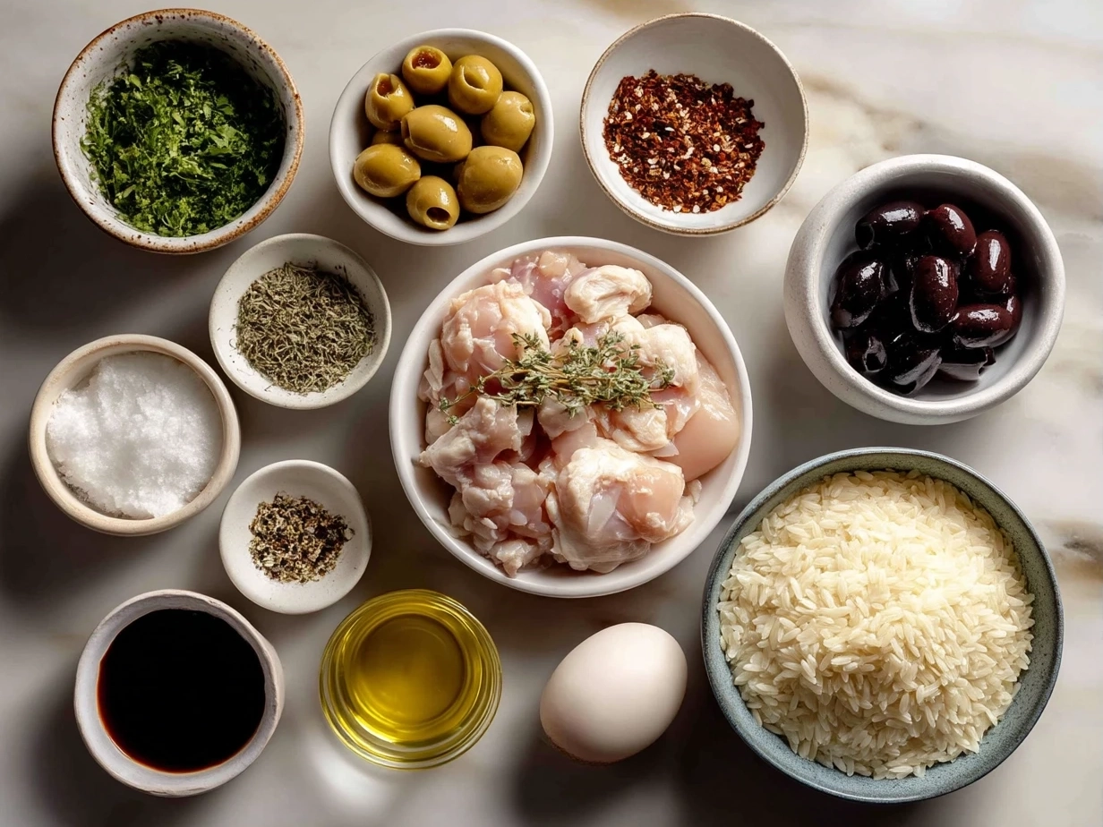 Ingredients for Chicken Orzo Skillet laid out on a kitchen counter