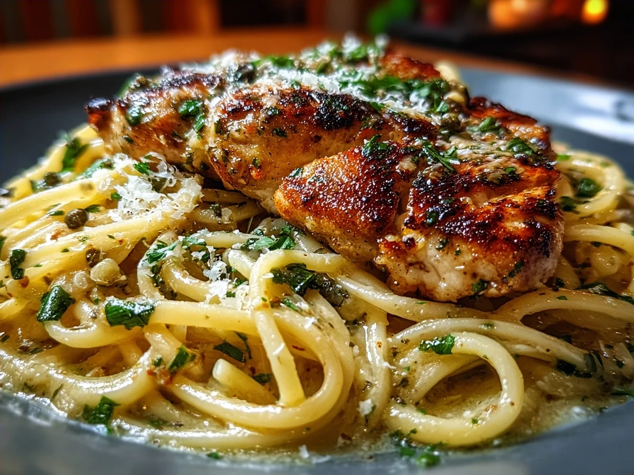Final plated Chicken Piccata Pasta with lemon caper sauce and fresh parsley garnish