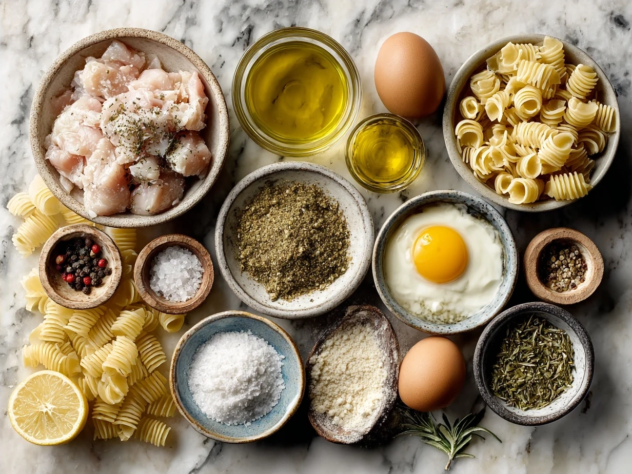 Ingredients for Chicken Piccata Pasta including chicken breasts, pasta, olive oil, butter, garlic, lemon juice, chicken broth, capers, salt, pepper, and fresh parsley