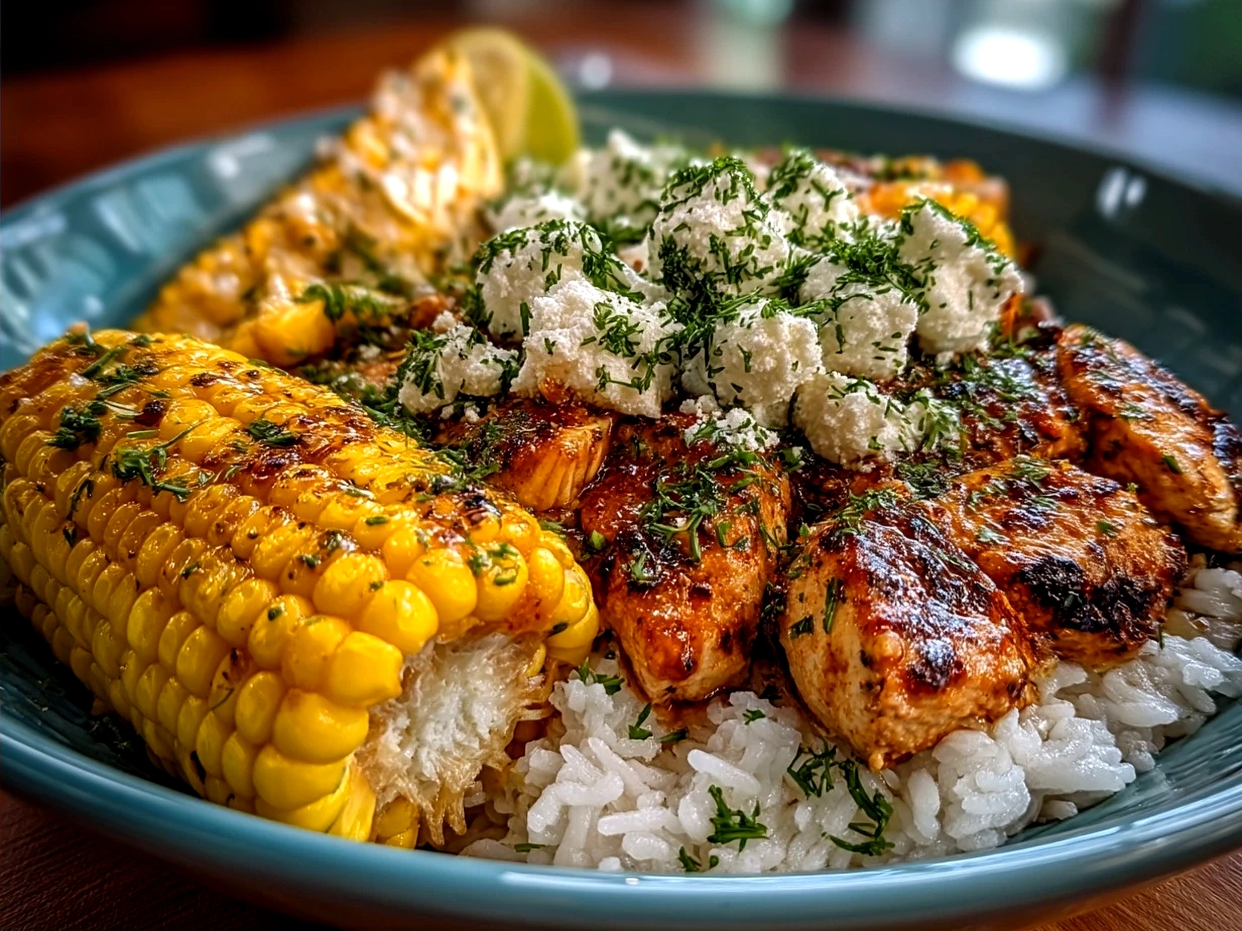 Finished Chicken Rice Bowl with Street Corn ready to serve