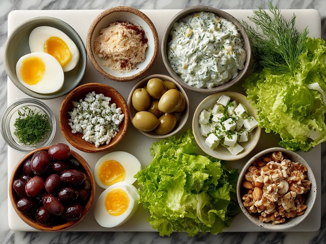 Ingredients laid out for Chicken Salad Chick Grape Salad, including grapes, cream cheese, sour cream, powdered sugar, vanilla extract, and chopped nuts