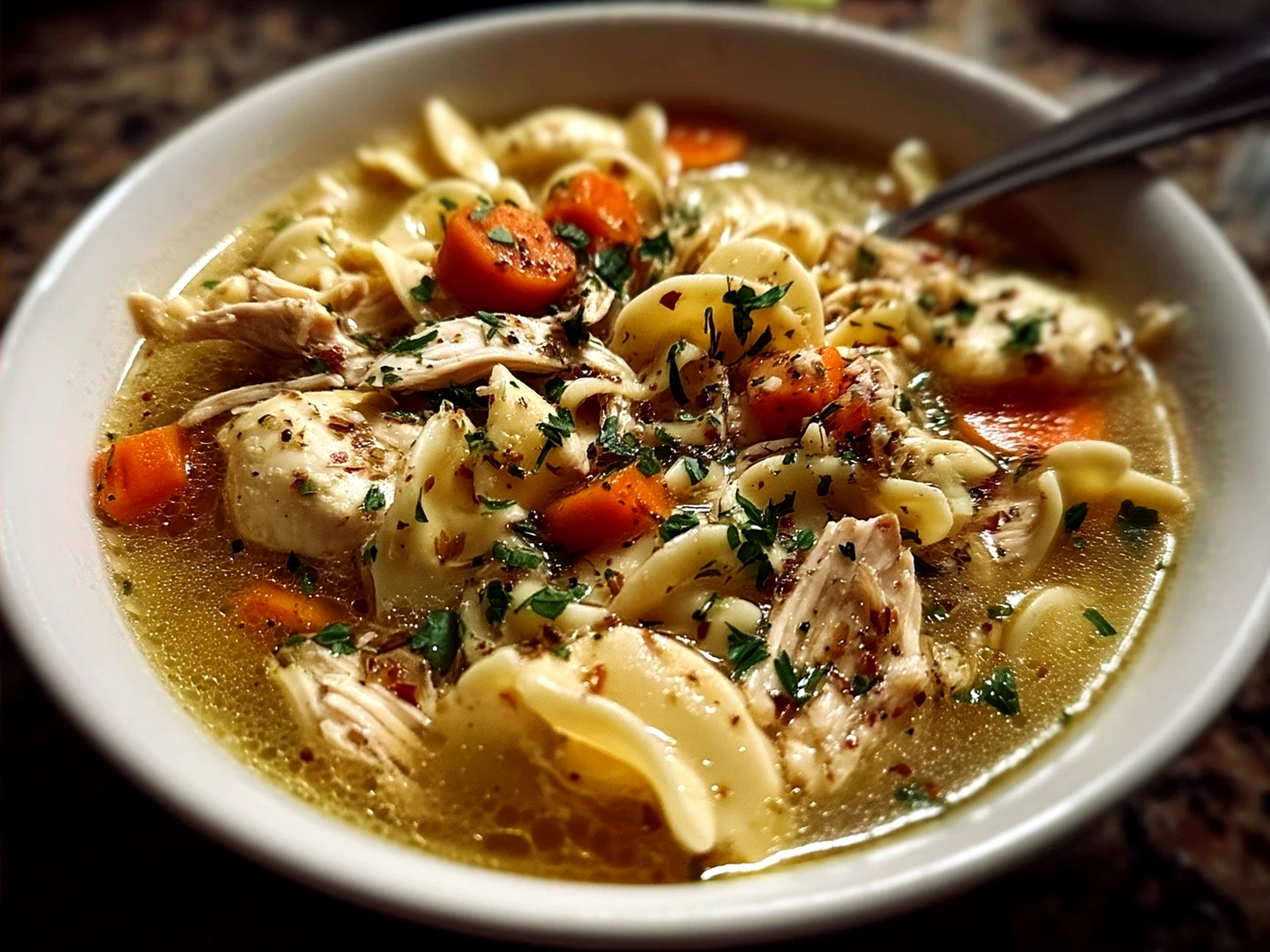 Bowl of Chick Fil A Chicken Noodle Soup served with grilled cheese sandwiches on the side