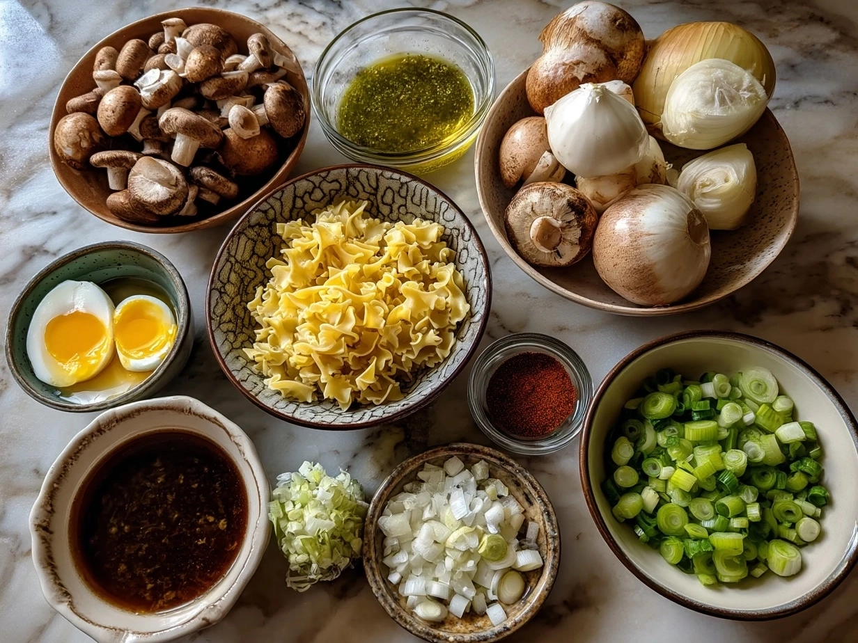 Ingredients for Chick Fil A Chicken Noodle Soup laid out including shredded chicken, carrots, celery, egg noodles, onion, and spices