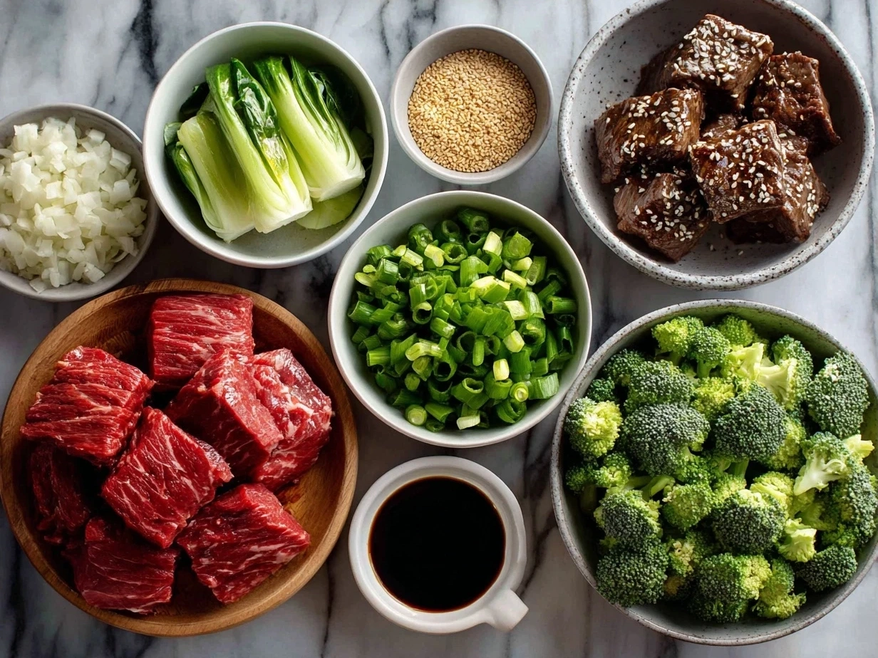 Ingredients for Chinese Beef Broccoli Stir-fry on a kitchen counter