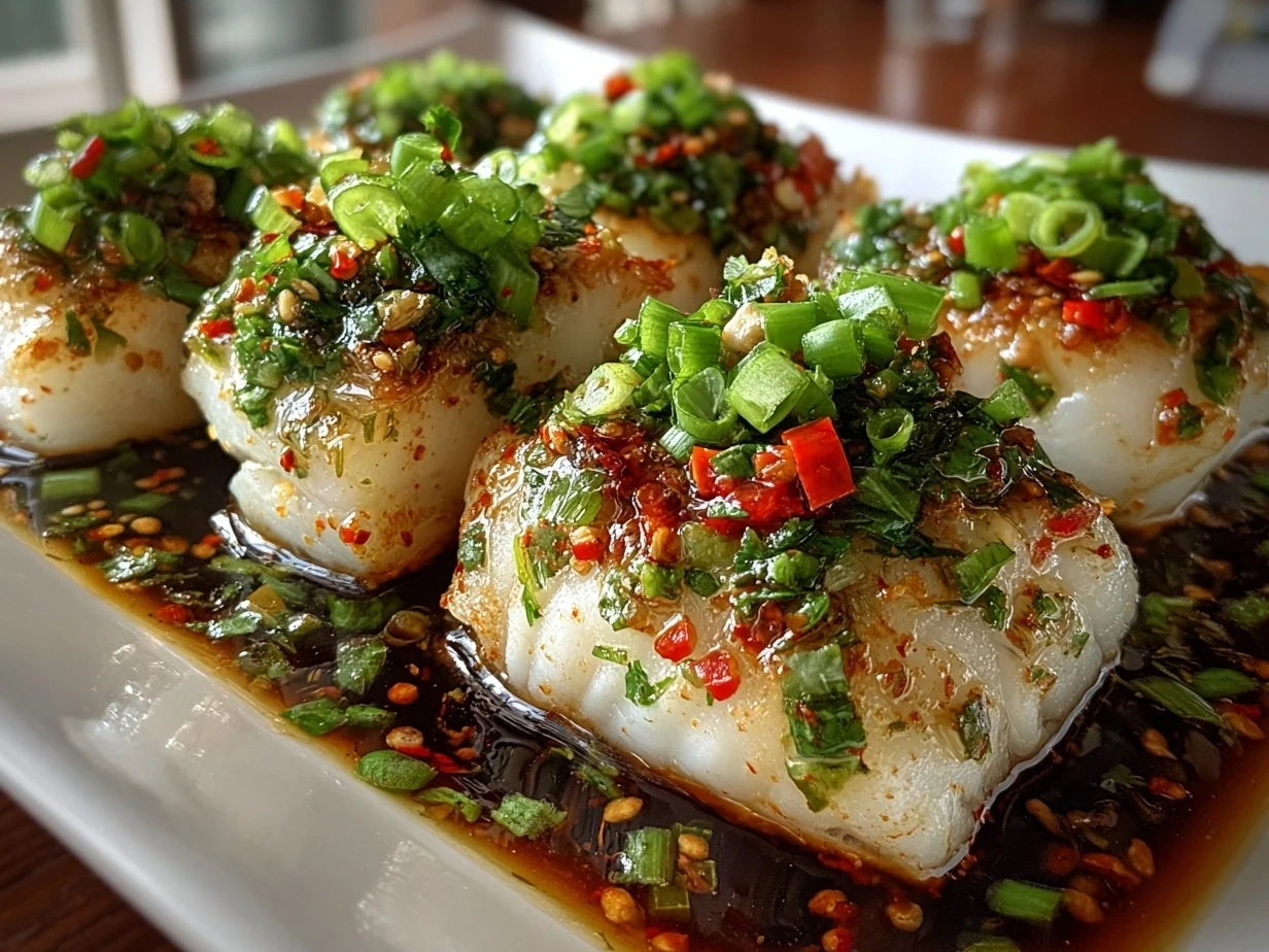 Plated Chinese Steamed Cod Fish with Ginger Scallion Sauce served with scallions and rice