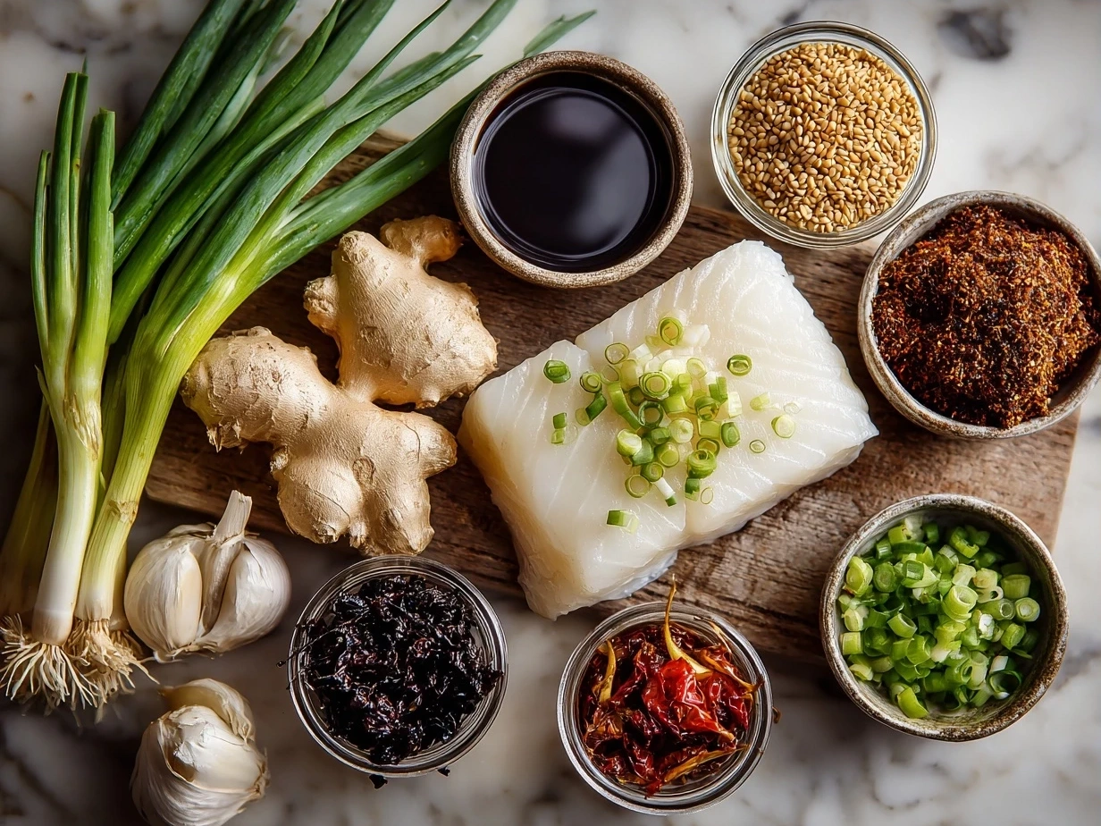 Ingredients for Chinese Steamed Cod Fish with Ginger Scallion Sauce including cod fillet, ginger, scallions, soy sauce, and sesame oil