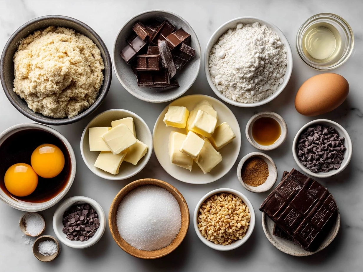 Ingredients for making classic Chocolate Chip Cookies arranged on a kitchen counter