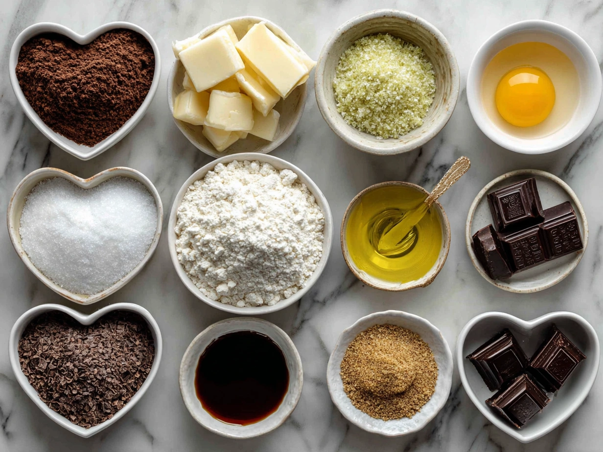 Ingredients for Chocolate Cut-Out Heart Cookies displayed in bowls and cups