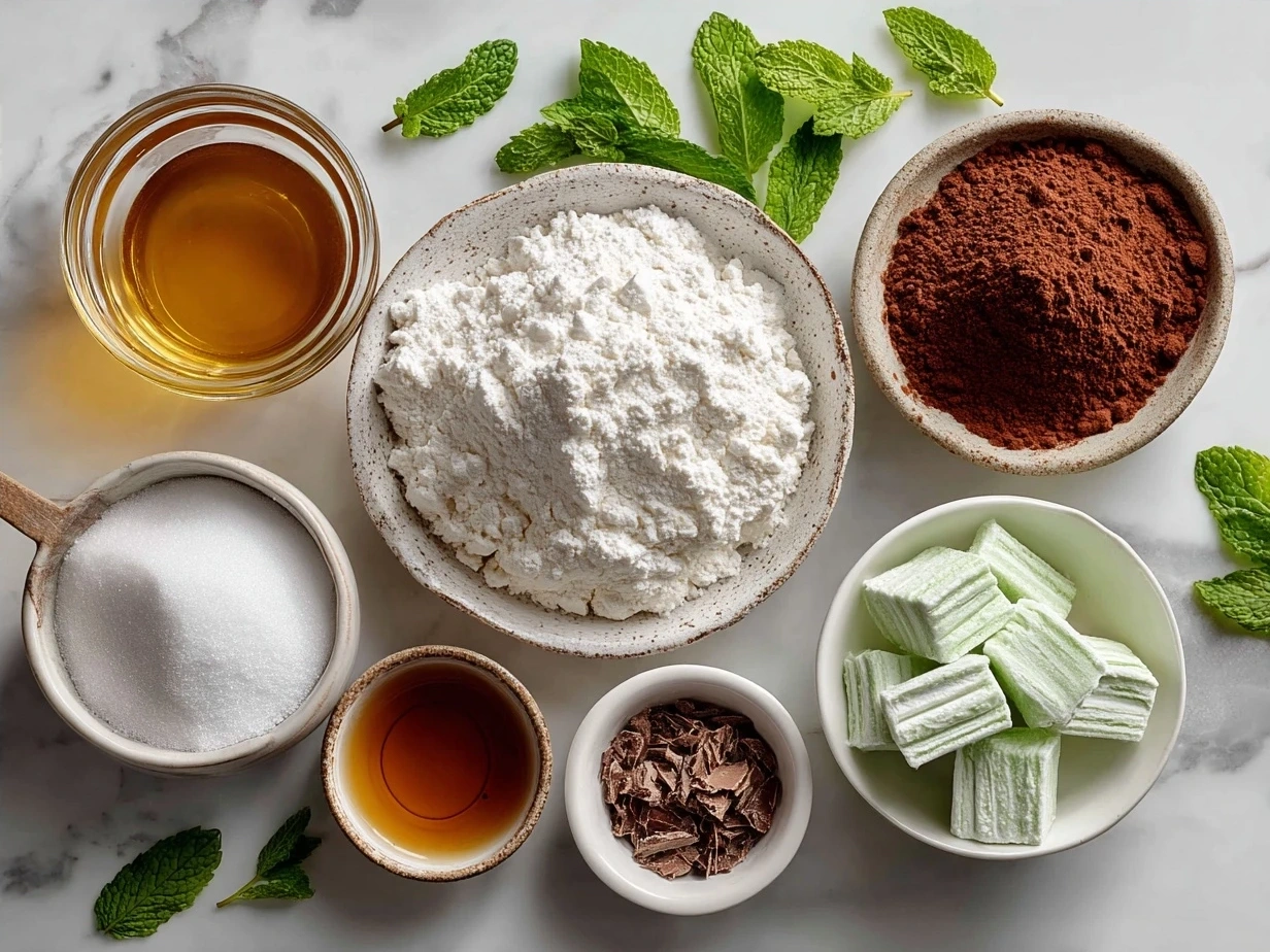 Ingredients for Chocolate Mint Crinkles laid out on a table
