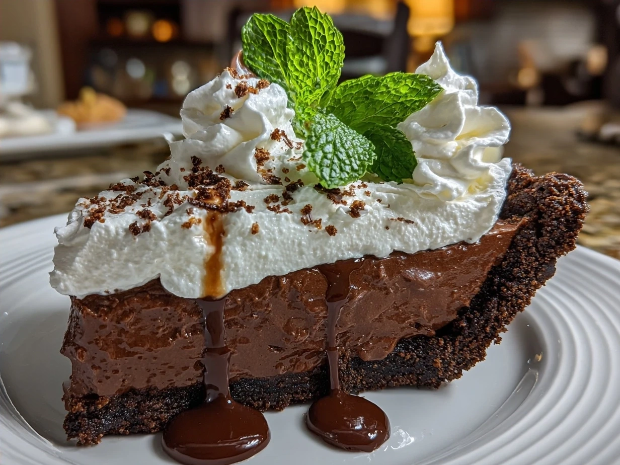 Final Chocolate Mint Pie decorated with whipped cream and fresh mint leaves on a plate ready to serve