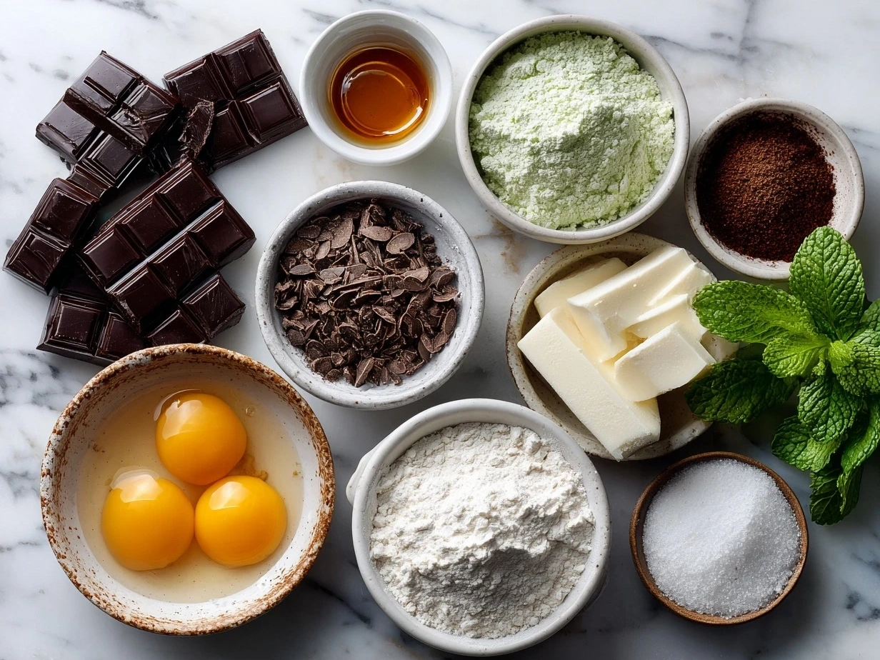 Ingredients for Chocolate Mint Pie including chocolate cookie crust, heavy cream, cream cheese, powdered sugar, peppermint extract, and chocolate chips