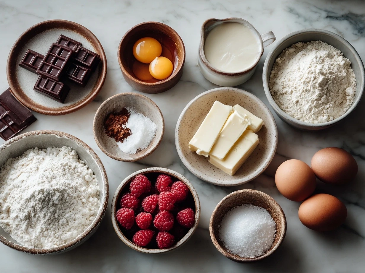 Ingredients for Chocolate Raspberry Cake including flour, cocoa powder, sugar, butter, raspberries