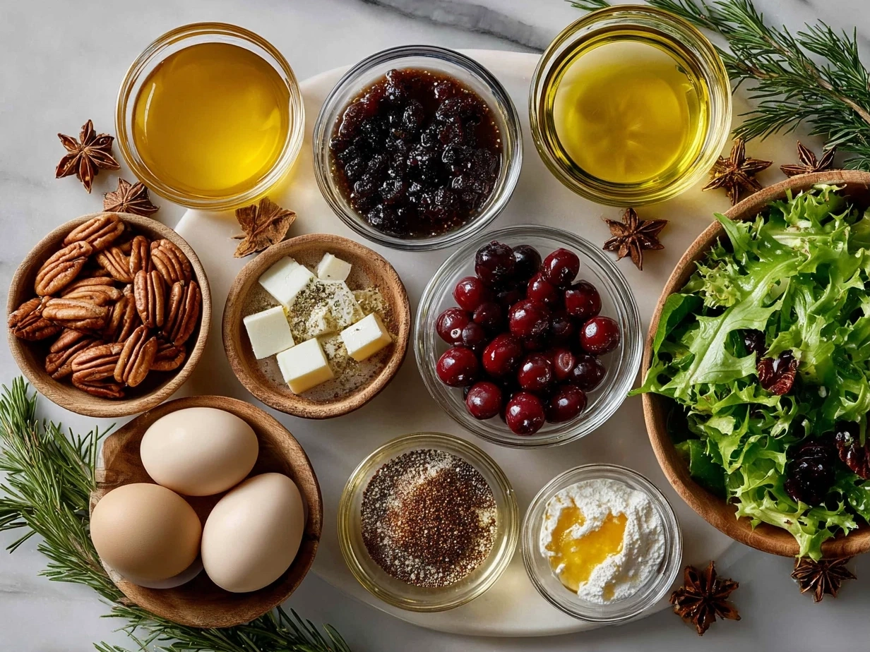 Ingredients for Christmas Salad with Honey Mustard Dressing, laid out on a wooden surface.