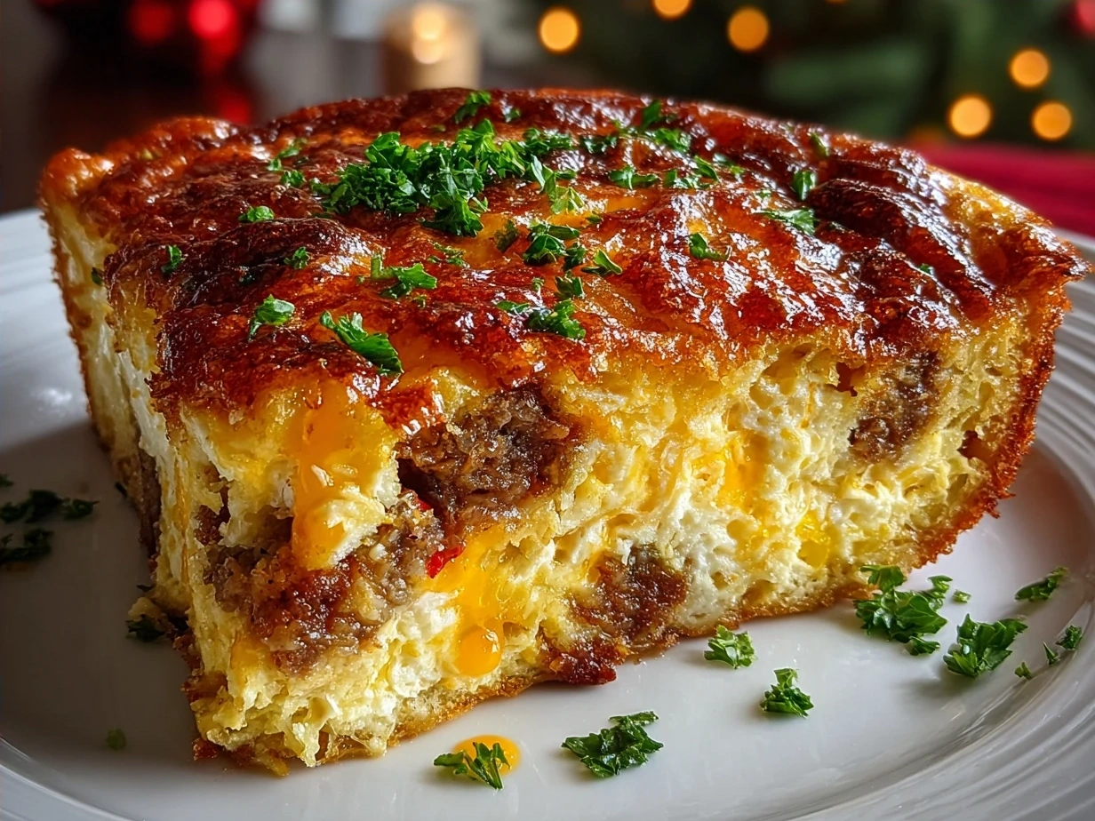 Baked Christmas Breakfast Casserole in a ceramic dish ready to serve