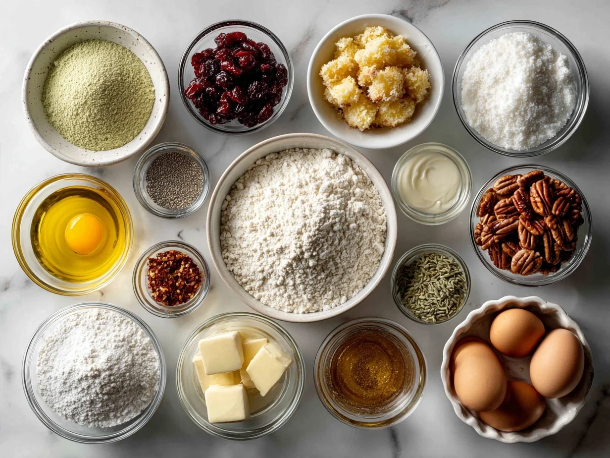 Ingredients for Christmas Breakfast Casserole including sausage, eggs, cheese, bread, milk, and seasonings