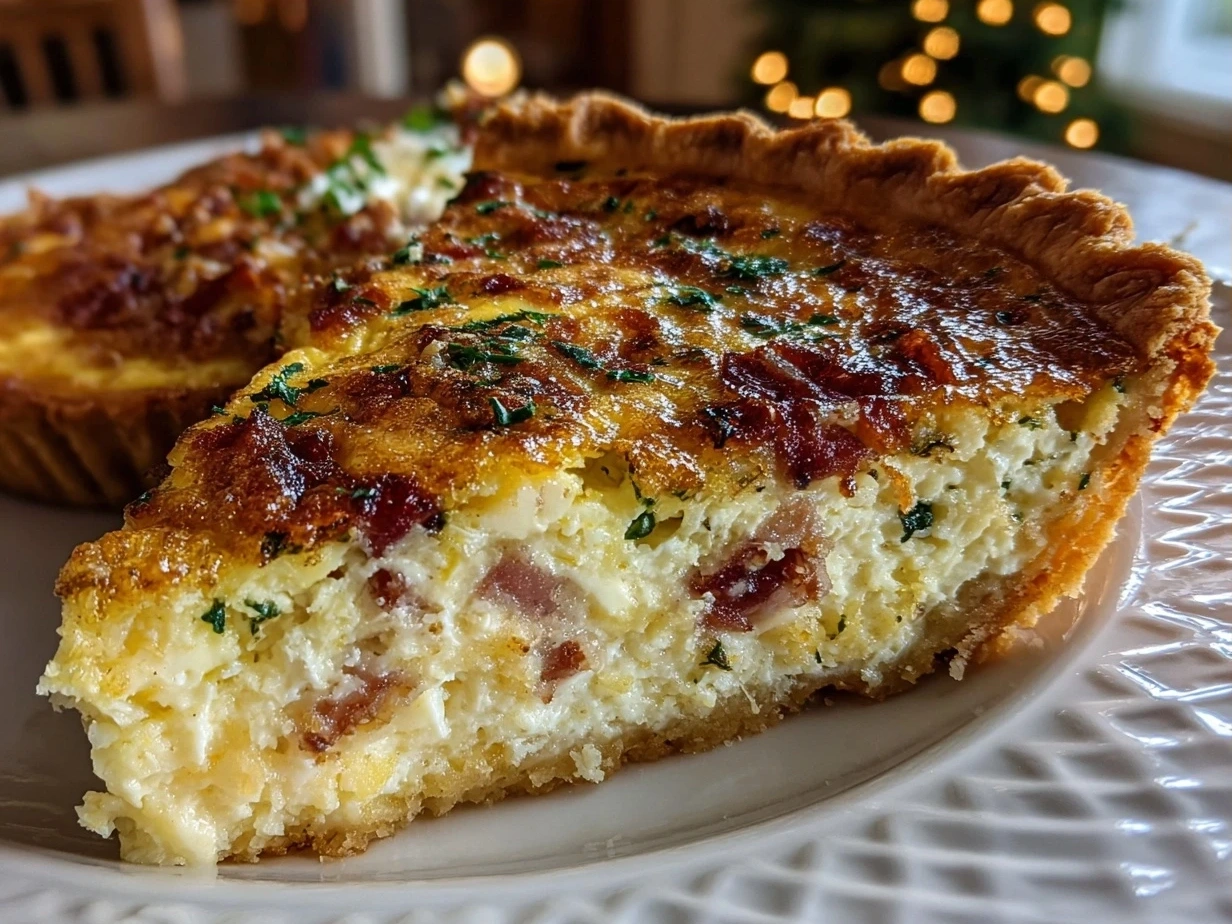 Baked Christmas Morning Quiche ready to serve with a side of fresh greens