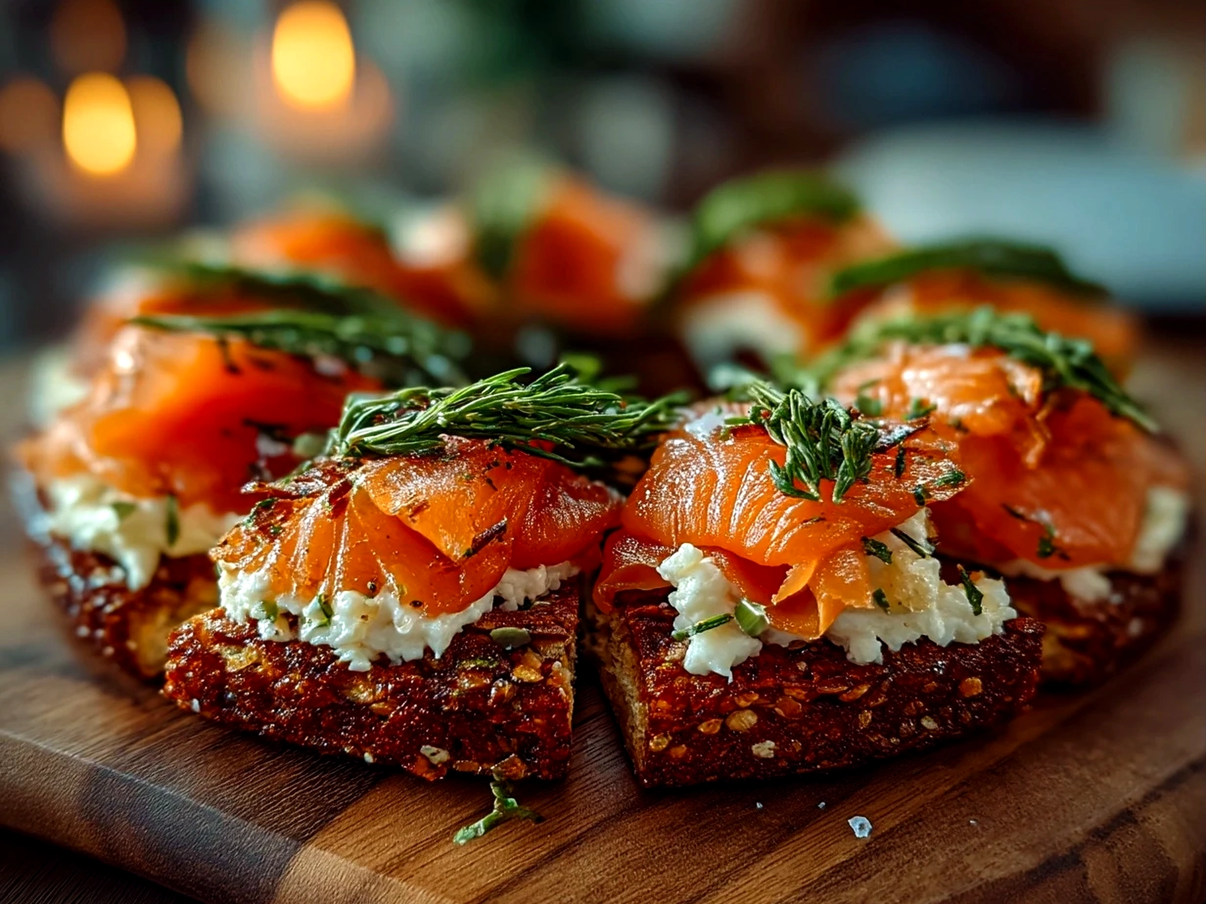 Christmas Smoked Salmon Bruschetta Wreath served on a festive holiday plate garnished with fresh herbs
