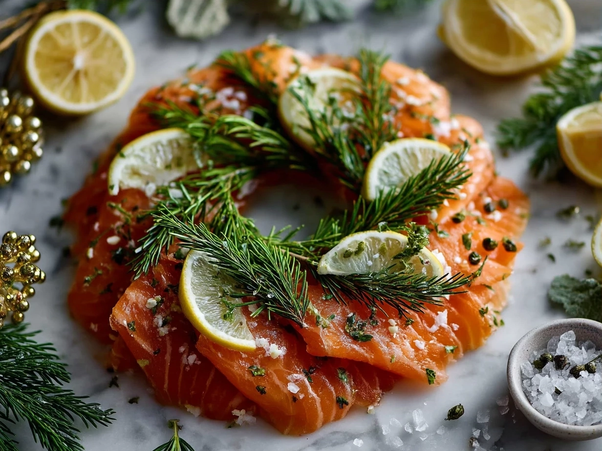 Ingredients for Christmas Smoked Salmon Bruschetta Wreath laid out neatly on a kitchen counter