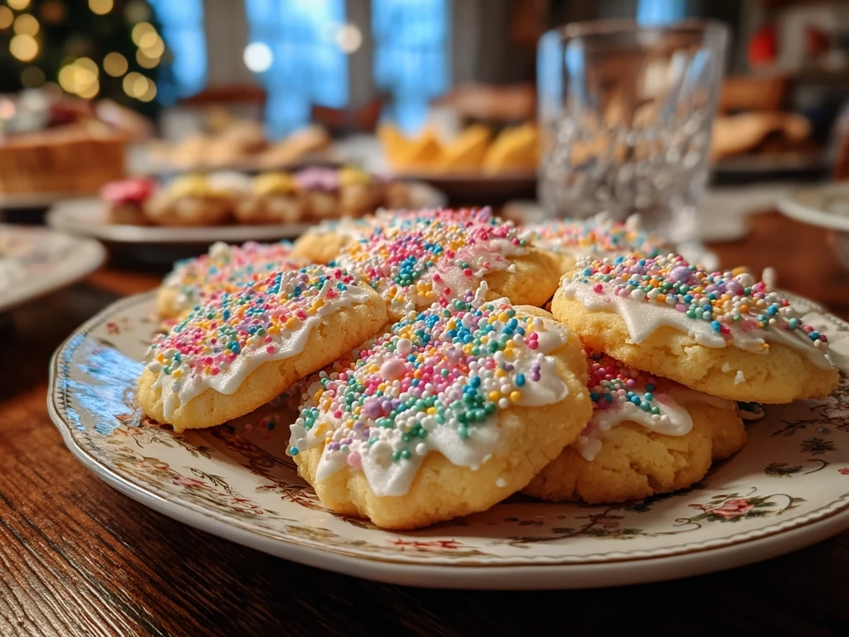 Plate of freshly baked Christmas Sprinkle Cookies with colorful sprinkles, a cozy holiday setting