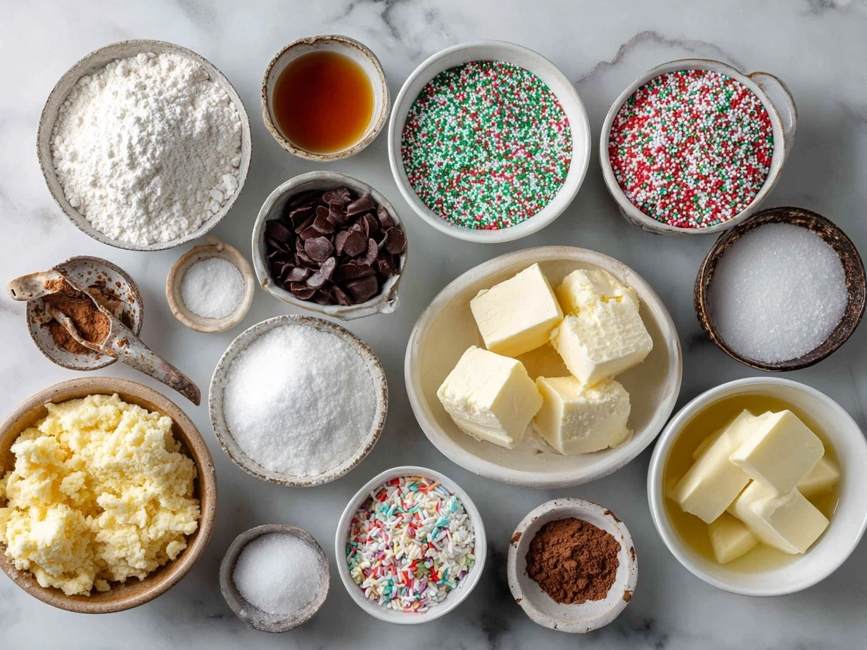 Ingredients laid out for Christmas Sprinkle Cookies including flour, sugar, butter, eggs, and colorful sprinkles