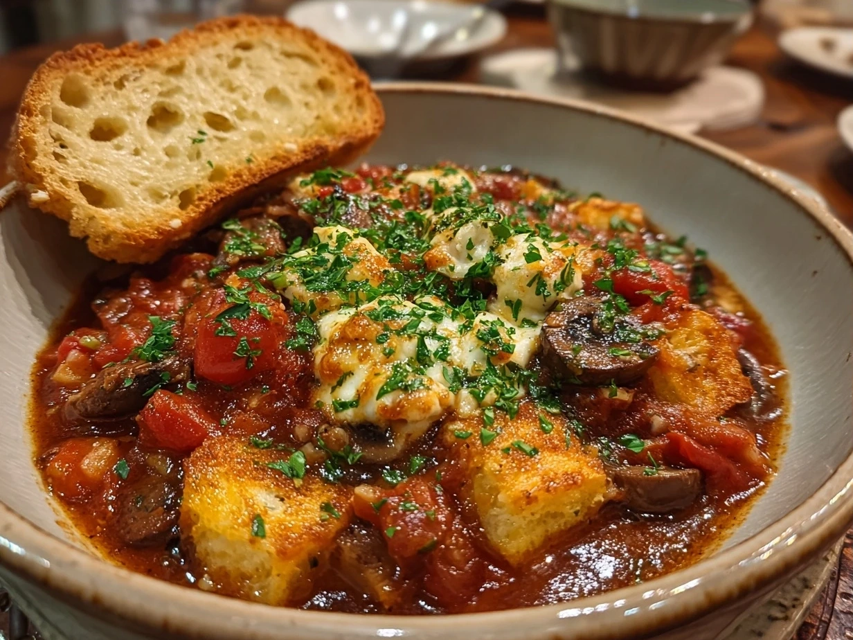 Bowl of freshly cooked Ciambotta vegetable stew served with bread