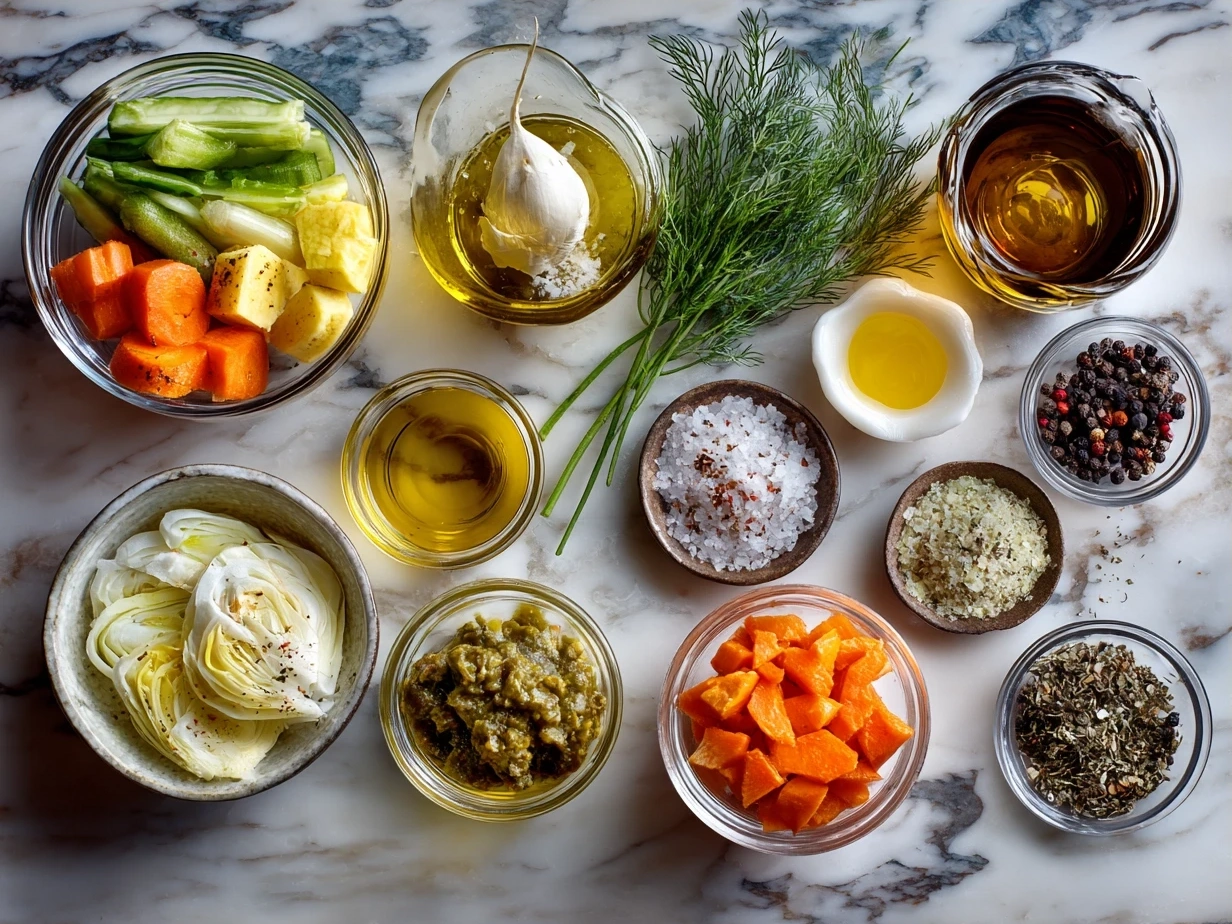 Ingredients for Ciambotta vegetable stew laid out on a kitchen counter