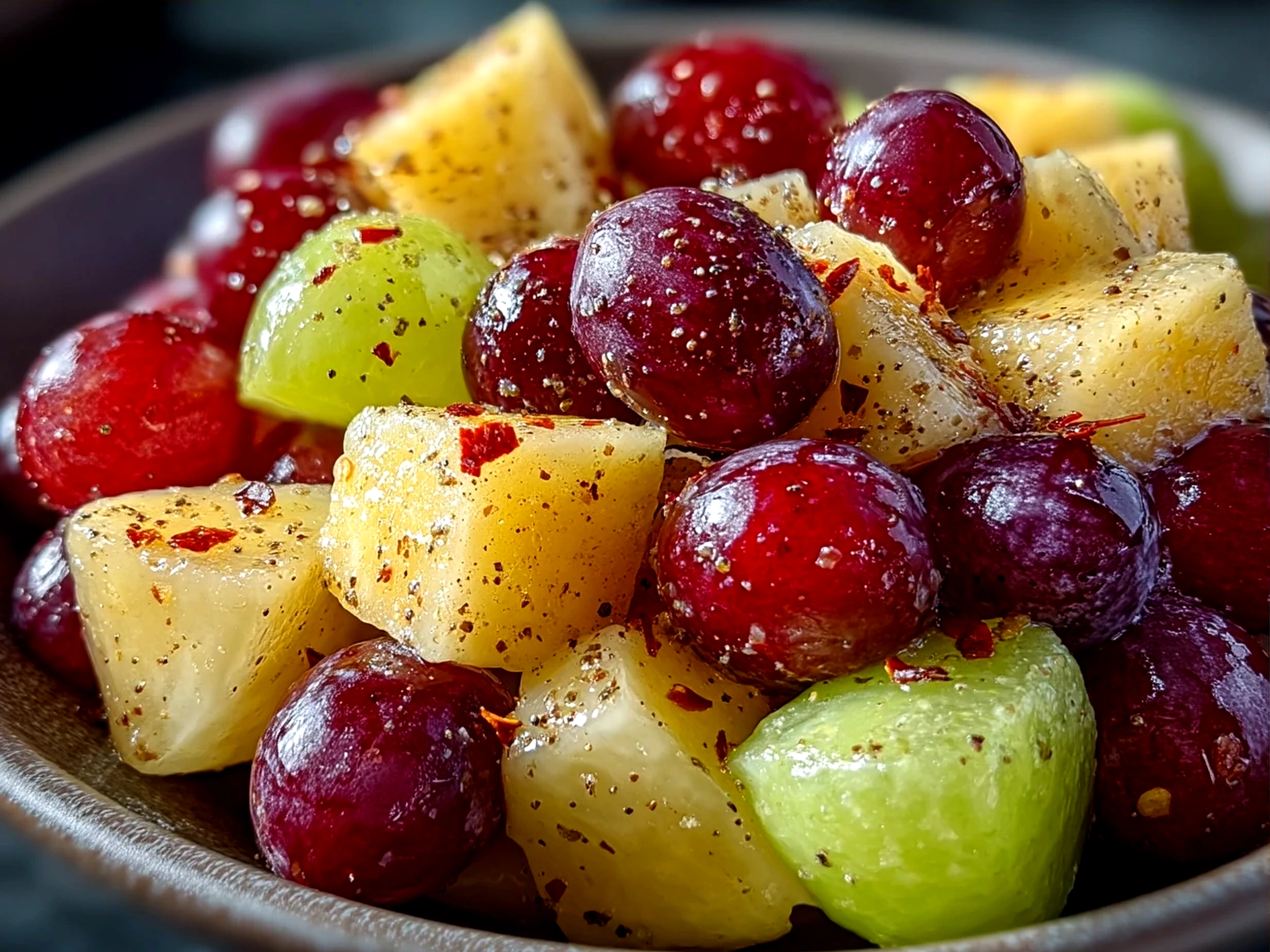 Serving Cinnamon Apple Grape Salad in a clear bowl showcasing fresh colorful apples and grapes