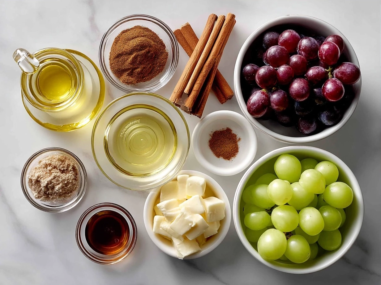 Ingredients for Cinnamon Apple Grape Salad including apples, grapes, cinnamon, honey, yogurt, lemon juice, and nuts
