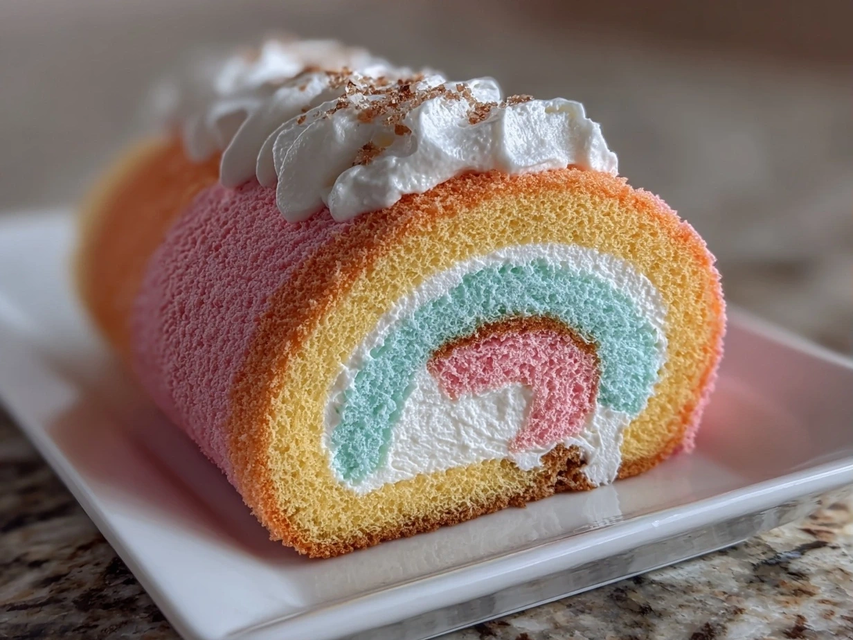 Close-up view of a finished Cotton Candy Swiss Cake Roll showing its fluffy texture and powdered sugar dusting