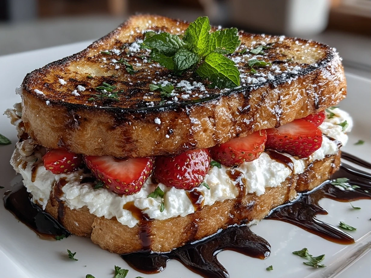 Close-up of finished Gourmet Mascarpone Strawberry Grilled Cheese with Balsamic Glaze showing melted cheese and strawberries