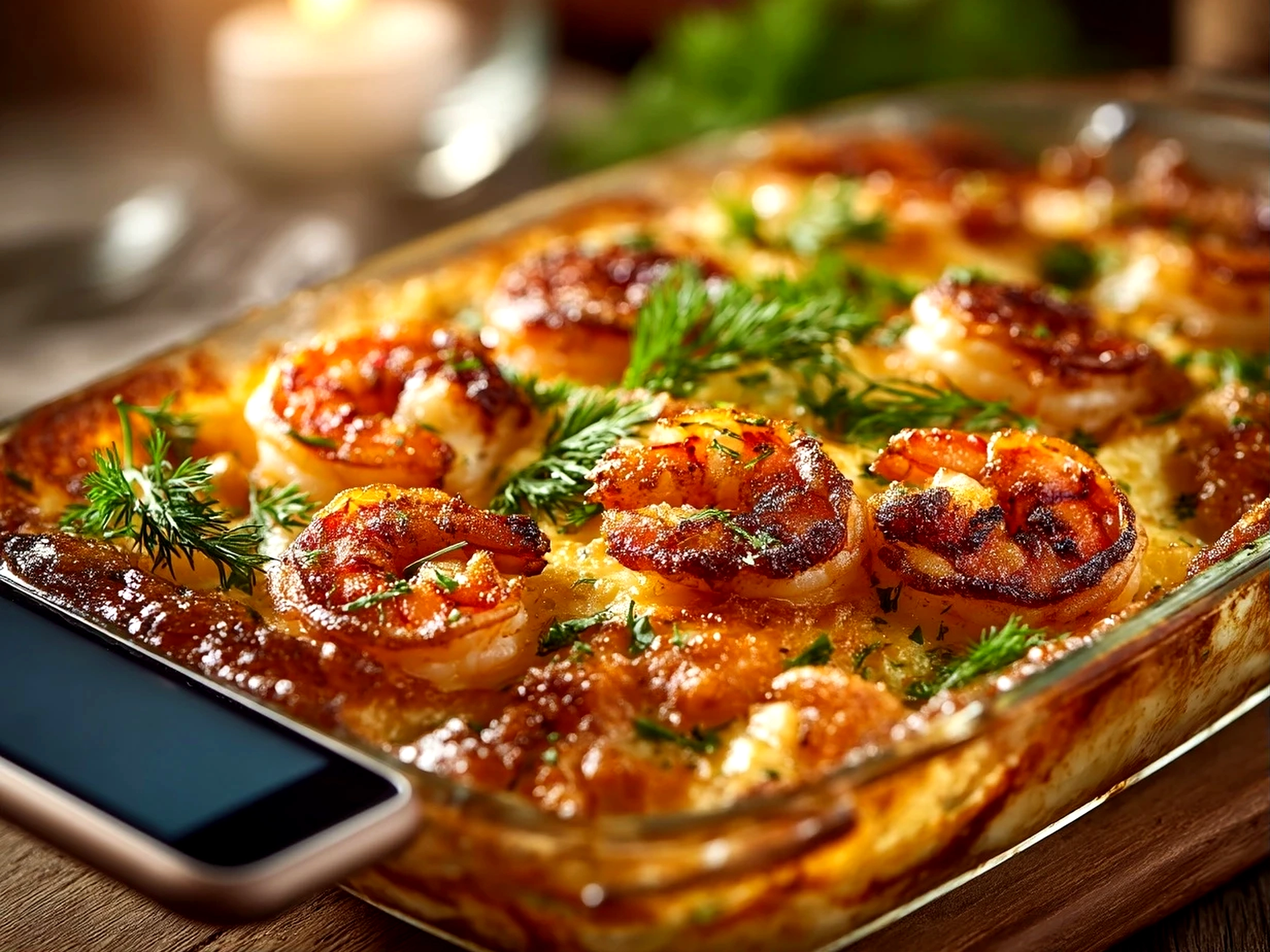 Close up of finished shrimp casserole garnished and ready to serve