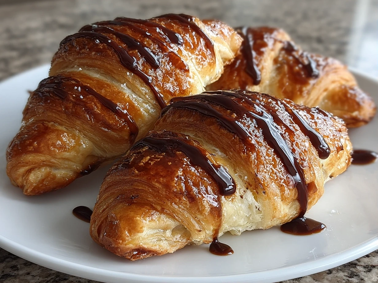 Close-up of freshly baked, flaky Homemade Chocolate Croissants.