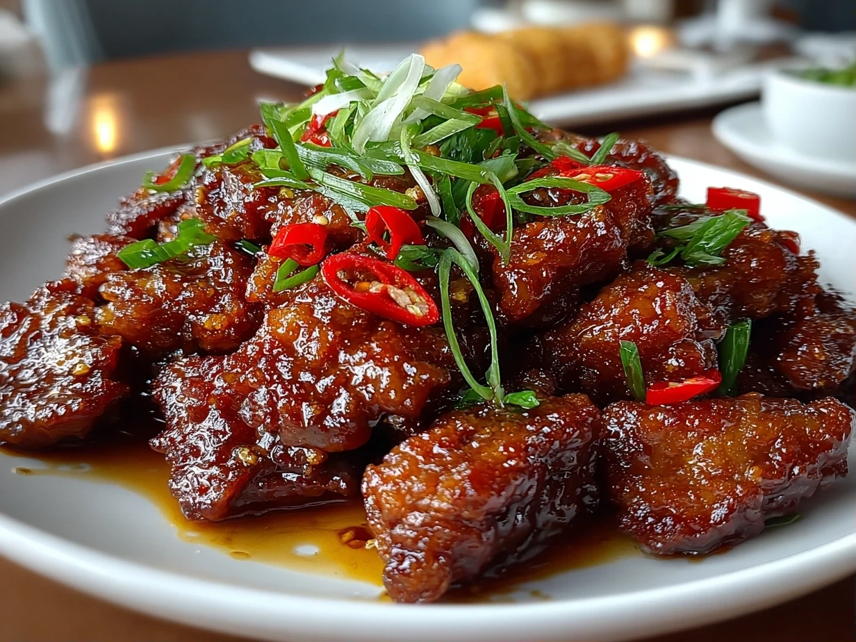 Close-up of freshly made crispy chilli beef