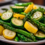 Close-up of freshly prepared asparagus zucchini squash medley