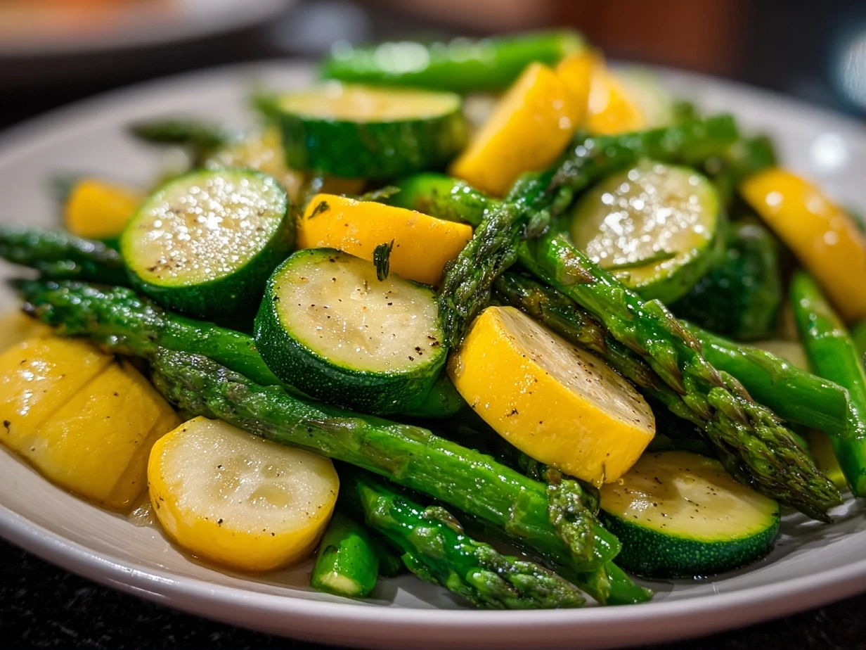 Close-up of freshly prepared asparagus zucchini squash medley