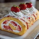 Close-up of freshly prepared Strawberry Cream Cake Roll on white plate
