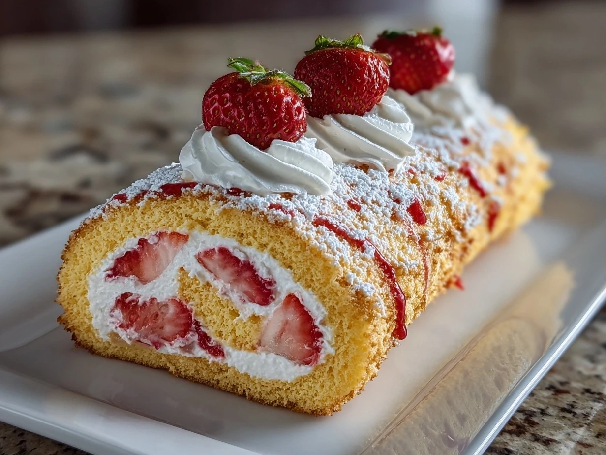 Close-up of freshly prepared Strawberry Cream Cake Roll on white plate