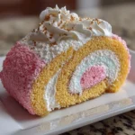 Close-up of homemade Cotton Candy Swiss Cake Roll on white plate