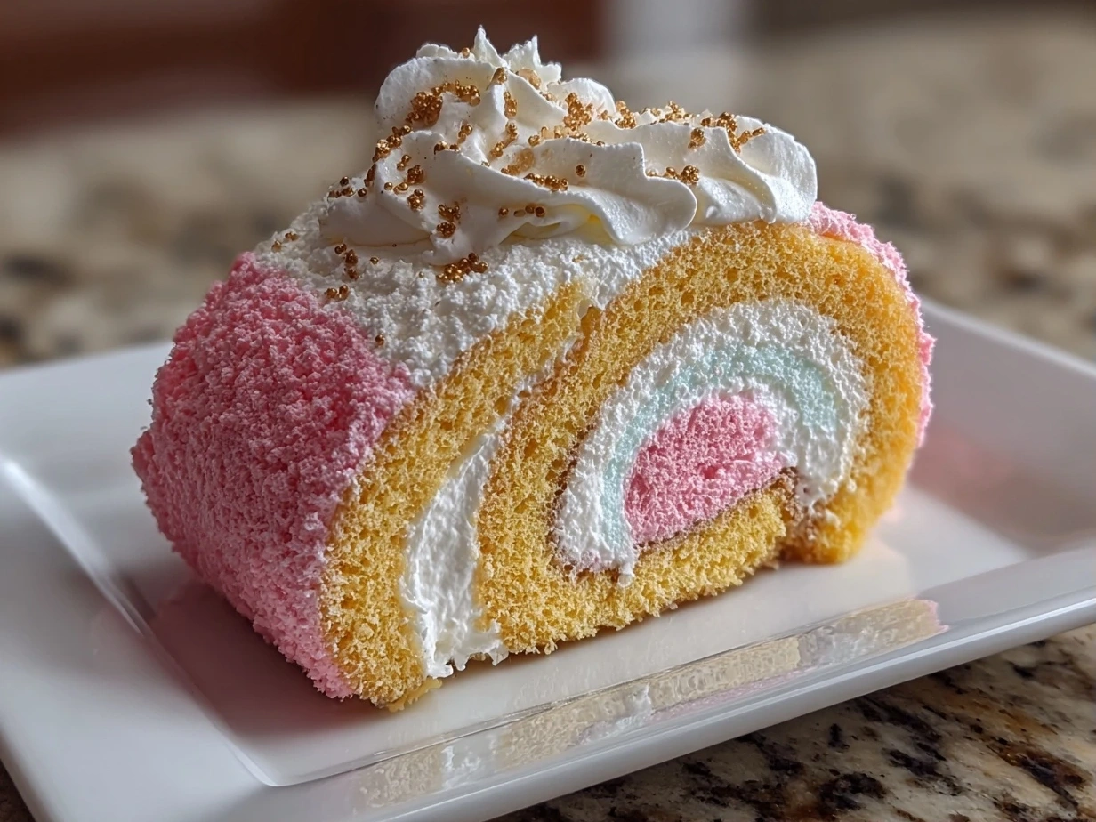 Close-up of homemade Cotton Candy Swiss Cake Roll on white plate