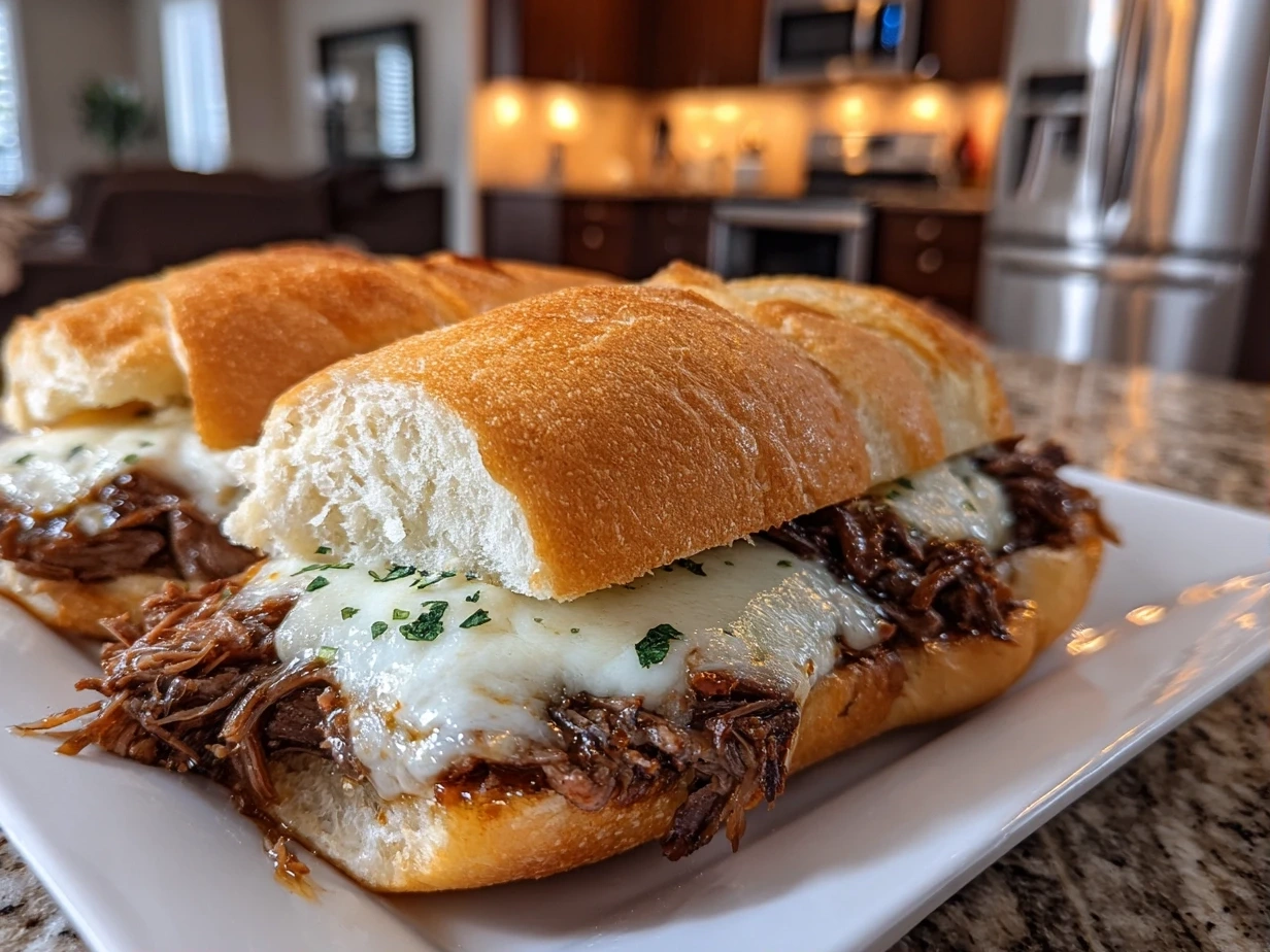 Close-up of homemade Crockpot French Dip Sandwich on white plate