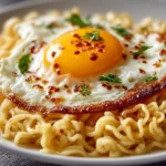 Close-up of Instant Noodles with Egg Butter Garlic