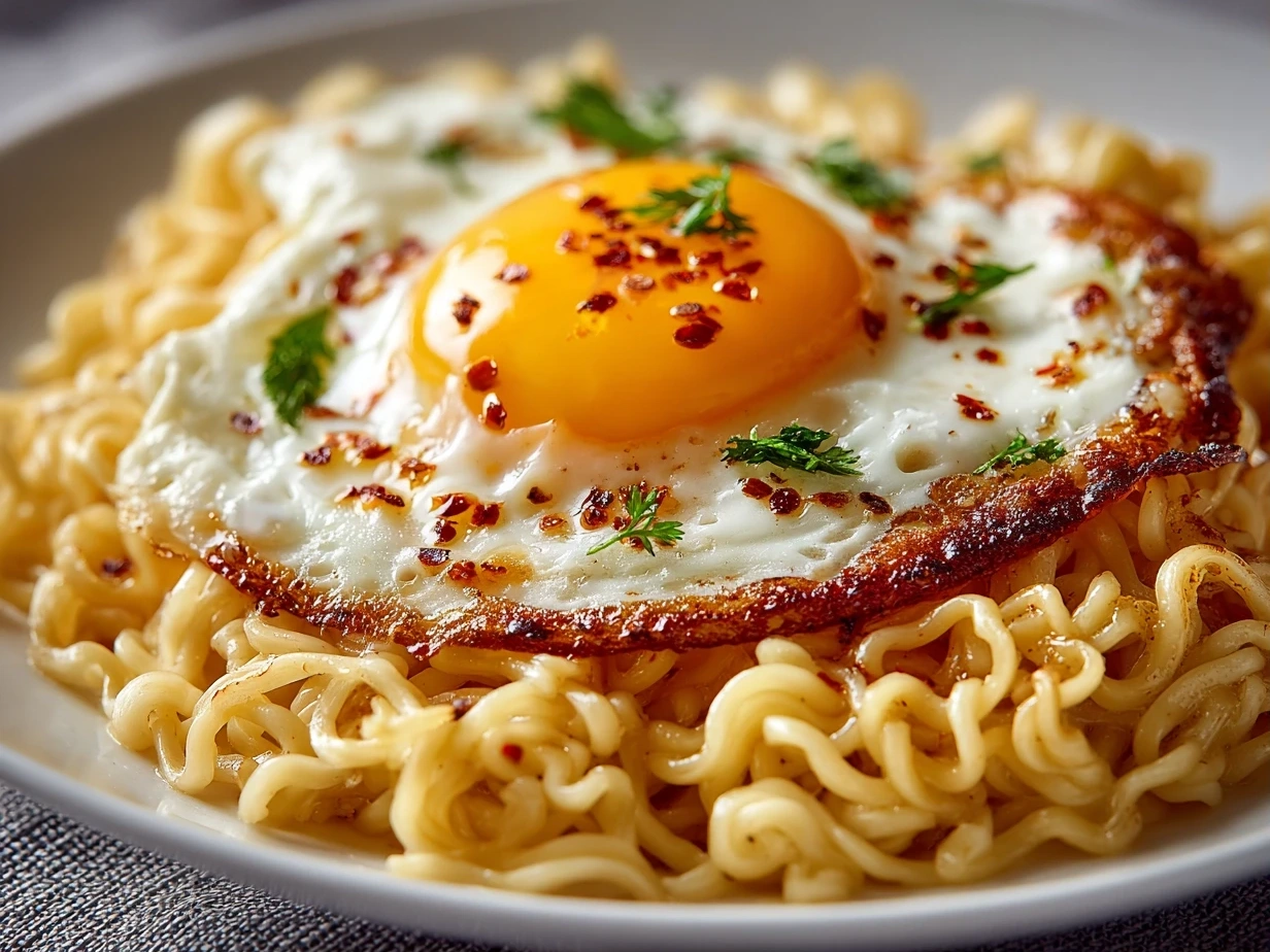 Close-up of Instant Noodles with Egg Butter Garlic