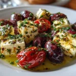 Close-up of marinated olives and feta cheese appetizer