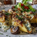 Close-up of White Wine Mushroom Stuffed Shells