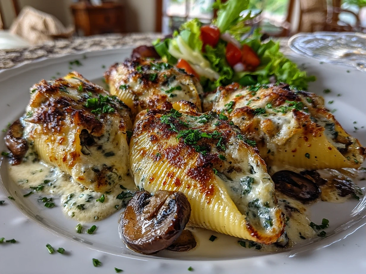 Close-up of White Wine Mushroom Stuffed Shells
