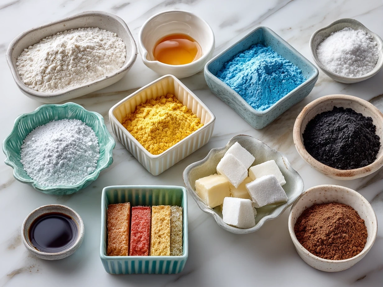 Ingredients for Colorful Marbled Sugar Cookies including flour, sugar, butter, eggs, and food coloring.