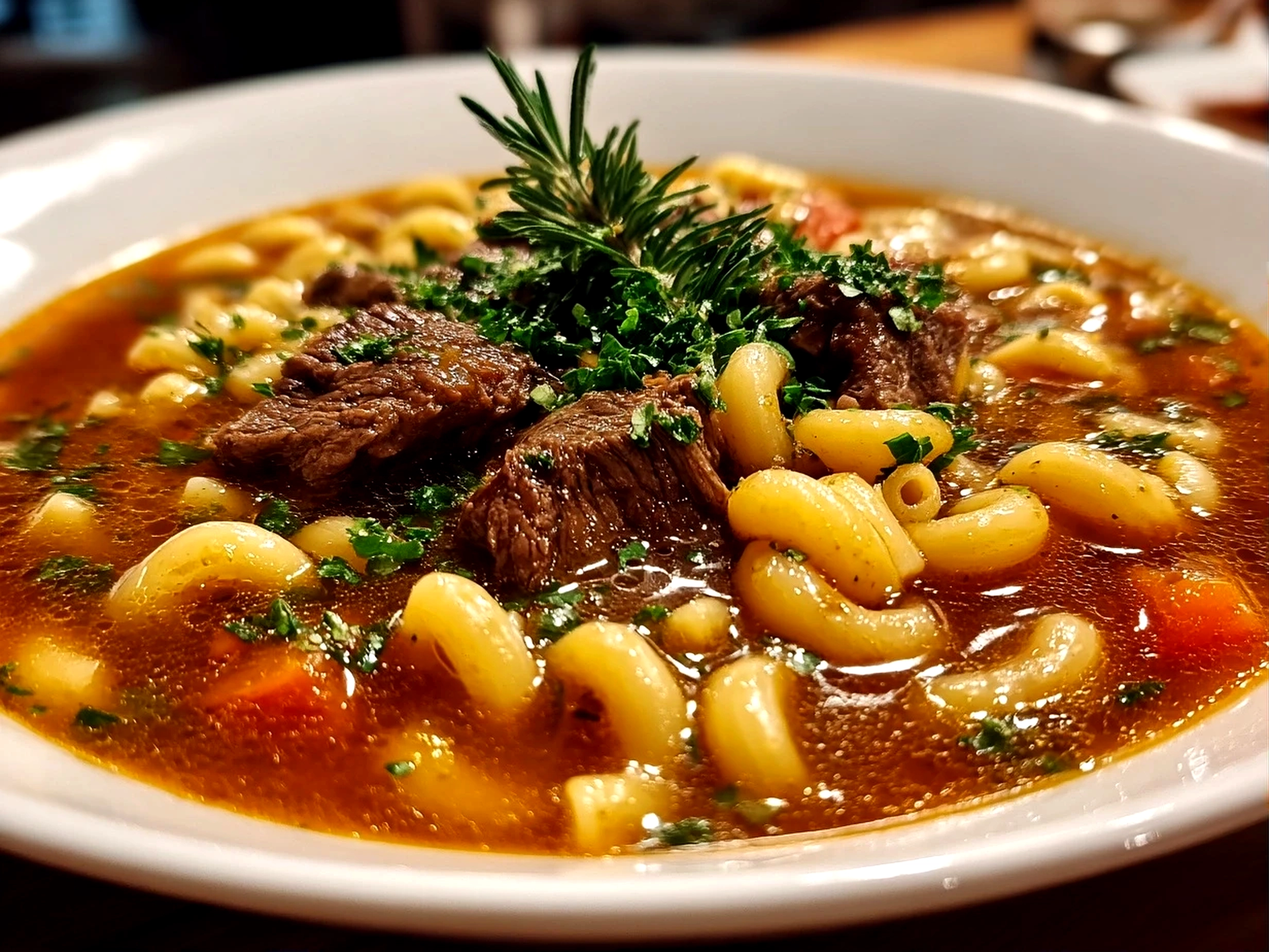Comforting Beef and Macaroni Soup in White Bowl