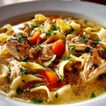 Comforting homemade chicken noodle soup close-up