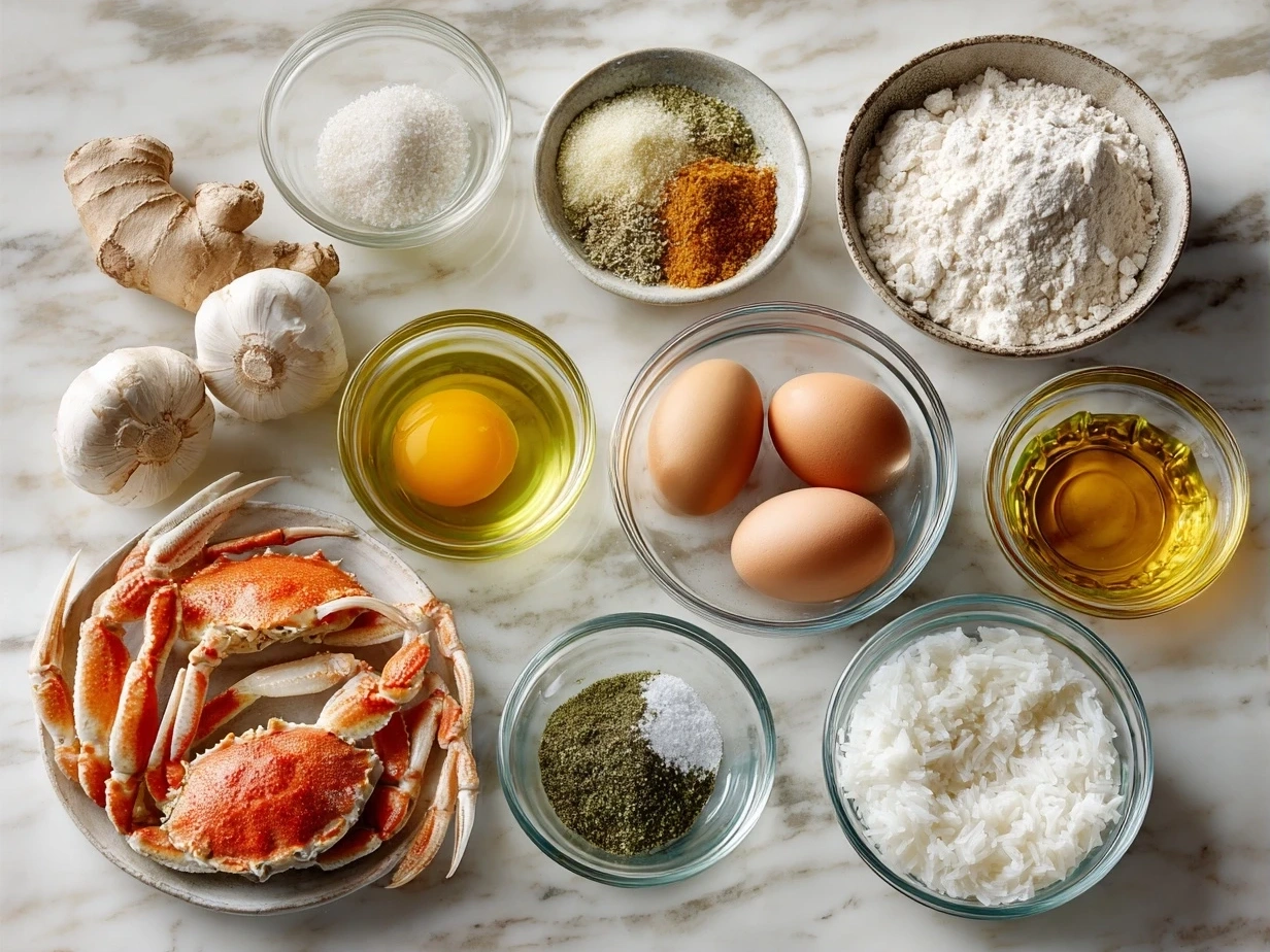 Ingredients for a delicious crab boil, including crab legs, sausage, corn, potatoes, seasoning, and citrus.