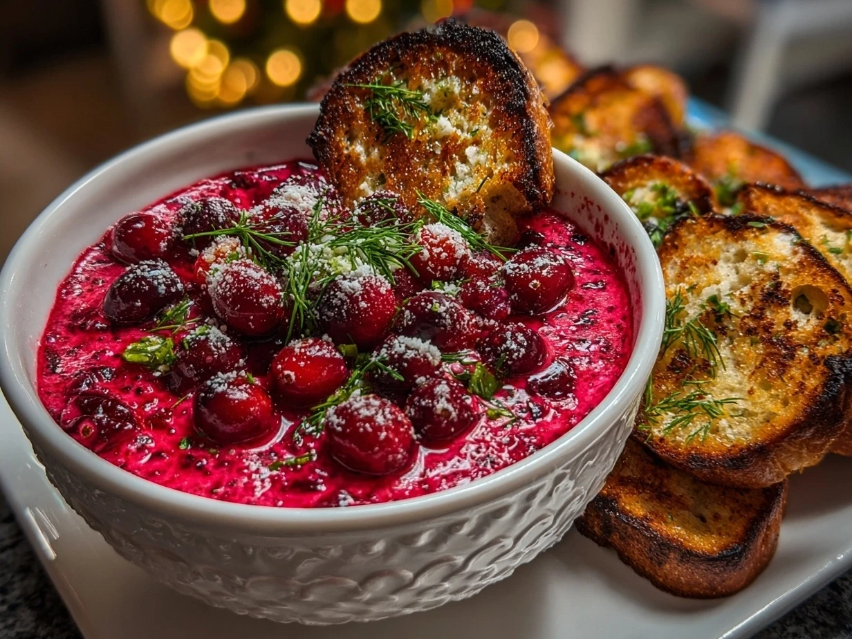 Final creamy Cranberry Jalapeño Dip served in a bowl with chips